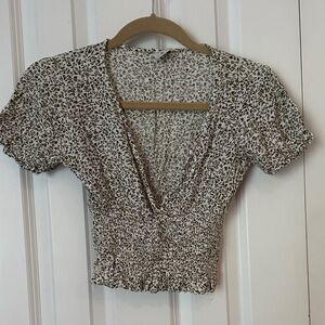 Paper Crane Leaf Print V-Neck Smocked Blouse